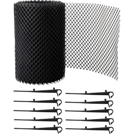 Malla de protección para canalones, rollo de 15 cm x 6 m con 10 ganchos de fijación y cortador de alambre. (1/5)