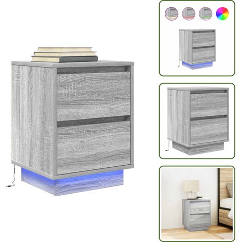 Nachttisch mit LED-Leuchten Grau Sonoma 38x34x50 cm - Nachttisch - Nachttische - Nachtschrank - Nachtkonsole (1/5)