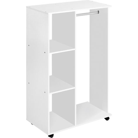 Armoire ouverte à roulettes, avec trengle et étagères pour suspendre et plier les vêtements, 80 x 40 x 128 cm, blanche