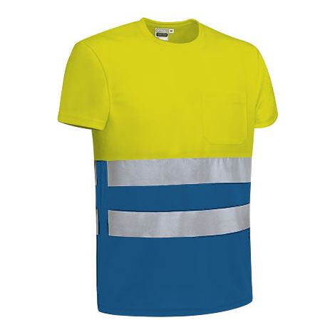 Camiseta de Alta Visibilidad bicolor, manga corta y bolsillo VALENTO DEMOLITION XL Amarillo flúor / Azul royal