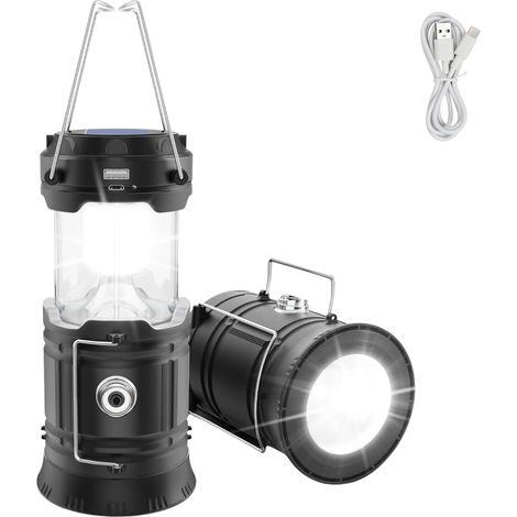 Lampe torche - Lanterne de camping solaire - LED pliable, torche solaire avec batterie d'urgence, lanterne de camping étanche, pour camping et maison, rechargeable solaire ou USB (câble inclus) (1/5)