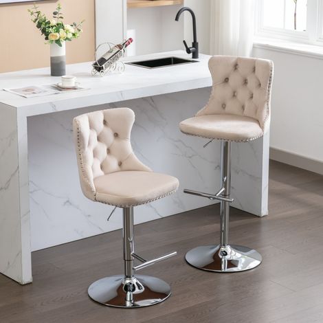 Tabourets bar lot 2 velours beige réglables 63 à 84 cm, piètement chromé dossier confortable pour îlot cuisine et pub 46x43.5x95-116cm (1/5)