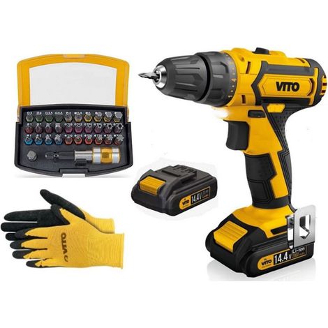 Perceuse Visseuse 14.4V + 2 Batteries Lithium 2Ah + Coffret 32 Embouts + Gants + Chargeur et Mallette VITO (1/5)
