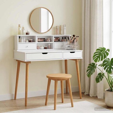 Ensemble coiffeuse 2 pièces avec miroir, bois d’ingénierie et pin massif, blanc - PANGIVO (1/5)
