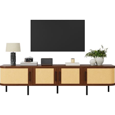 Meuble TV, meuble TV bas avec façade tissée, structure en MDF, 4 portes, poignées noires, pieds en fer, table TV moderne avec espace de rangement, table TV pour salon, 180 × 40 × 45 cm (L × P × H) (1/5)