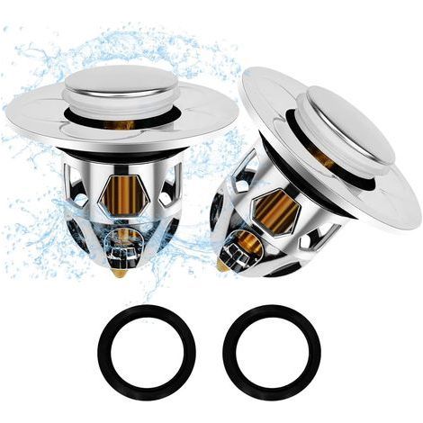 Set of 2 universal sink drain plugs, Ø 34-40 mm, with 2 bathtub seals, retractable drain plug for faster drainage without clogging, for bathroom, kitchen and sink (1/5)