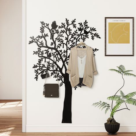 Porte-manteau mural, crochet mural, motif arbre et oiseaux, noir (1/5)