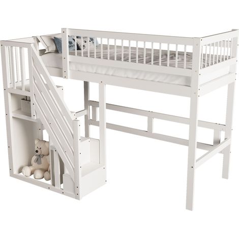 Lit mezzanine bois blanc 90x200 cm avec escalier de rangement intégré, sommier à lattes, charge 120 kg (1/5)