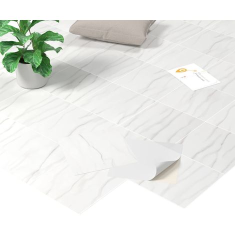 Revêtement de sol en PVC autocollant - Effet marbre - Sol en vinyle - Antidérapant - Imperméable - Découpable - Aspect carrelage - Pour cuisine, salon, balcon - Blanc mat - 20 carreaux - 1,8 (1/5)