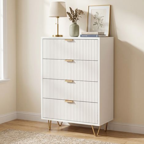 Commode chambre, Commode blanche 60 cm, 4 tiroirs, meuble de rangement avec façades texturées et pieds dorés, style moderne, Blanc (1/5)