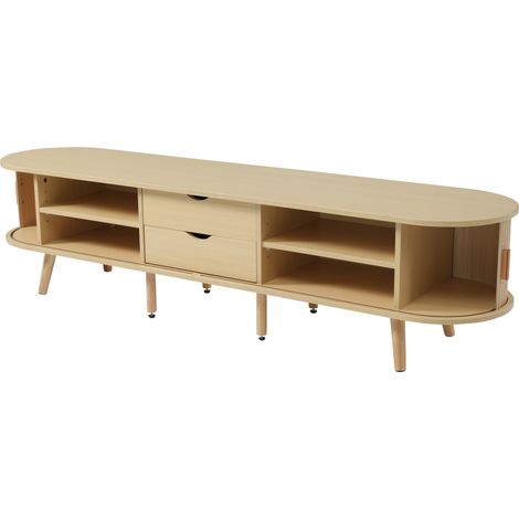 Meuble TV en MDF aspect noyer clair avec 2 tiroirs et portes coulissantes, 170 x 40 x 42 cm (1/5)