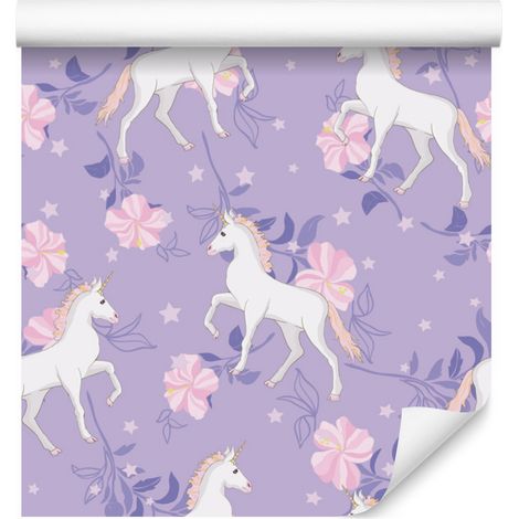 Papel pintado de unicornios y flores para salón y dormitorio, 50x1000 cm. (1/5)