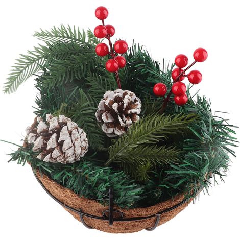 Künstlicher Weihnachts-Hängekorb, beflockt mit verschiedenen Dekorationen und weißen LED-Lichtern, Außendekoration (1/5)