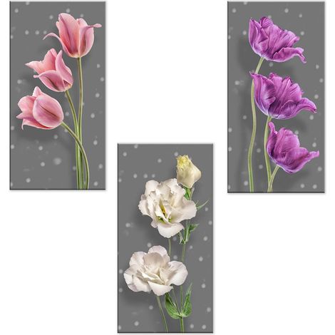 Lupia - Set 3 Quadri su Tela CANVAS DAY FLOWER GREY 38x75 cm floreale, Stampa Vivida, Pronto da Appendere, Decorazione per Soggiorno, Capezzale Testiera Camera da Letto, Cucina, Ufficio (1/4)