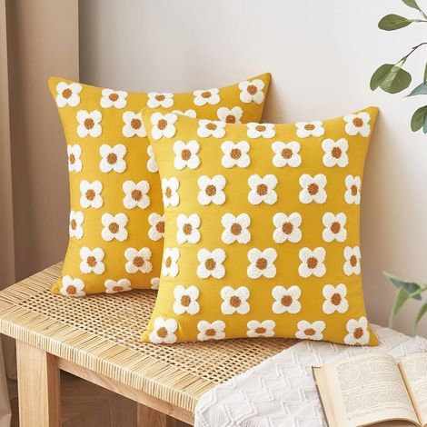 Housses de coussin décoratives jaune automne, lot de 2, 45 x 45 cm, jacquard, motif tournesol et marguerites, carrées, pour canapé, lit, salon ou chambre. (1/5)