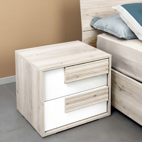 Comodino Selva 2 Cassetti rovere sbiancato e Bianco Lucido – Luminosità e design