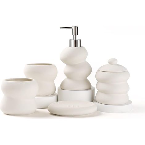 Ensemble d'accessoires de salle de bain en céramique 5 pièces – Petit ensemble de salle de bain beige de forme irrégulière, décoration minimaliste pour la maison, l'appartement et la (1/5)