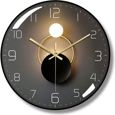 Wanduhr, rund, digital, Quarz, im europäischen Stil, 30 cm Durchmesser, Wandpendel, HD-Glas, leicht zu lesen, geeignet für Wohnzimmer, Arbeitszimmer, Schlafzimmer, Küche, Wanduhr (Farbe: Schwarz)