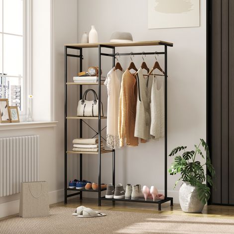 Porte-manteau, portant à vêtements avec tringle, étagère à chaussures, meuble de rangement avec dispositif anti-basculement, chêne