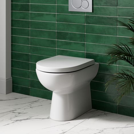 BTW Back To Wall Toilet Pan WC Round Modern Top Mount Soft Close Seat White (1/5)