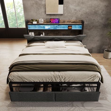 Lit double - KOMHTOM - Modèle 620 - 140x200 cm - Capitonné avec rangement et 2 tiroirs - LED & USB‑C (1/5)