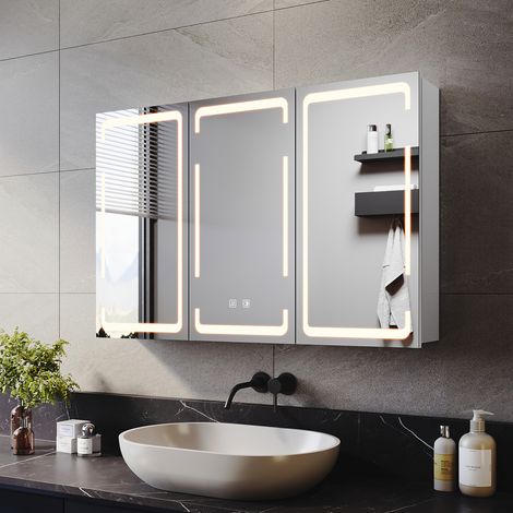 ELEGANT Bathroom Mirror Cabinet LED Illuminated with Shaver Socket, 3 Lights Changing Modes, Wireless Hinge Design, Three-Door 900x600mm
