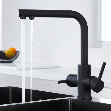 Mitigeur de cuisine 3 voies noir mat – Acier inoxydable 304 – Pivotant à 360° – Eau potable et filtrée – Double poignée – Faustina (1/5)