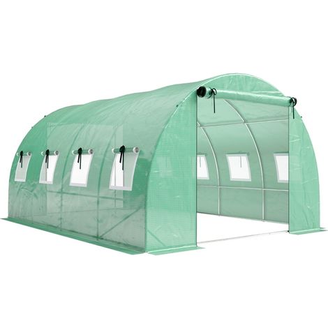 Invernadero de túnel 2,95 x 4 x 2 m PE verde con 2 puertas enrollables y 8 ventanas de malla (1/5)