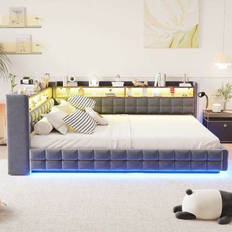 Canapé-lit convertible gris anthracite 140x200 cm, banquette capitonnée avec coffre de rangement hydraulique, étagère bois, éclairage LED, prise intégrée, ports USB-C, sommier à lattes, velours premiu (1/5)