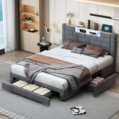 Grey Velvet Double Storage Bed Frame 135x190cm with LED Headboard, USB Charger, Drawers & Clock for Modern Bedrooms (1/5)