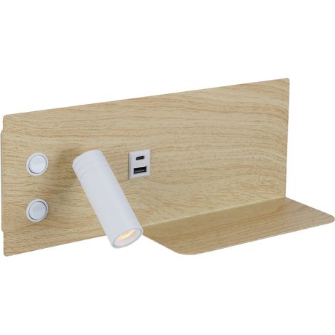Applique murale bois LED 7W + 3W liseuse USB-C droite 30cm (1/5)