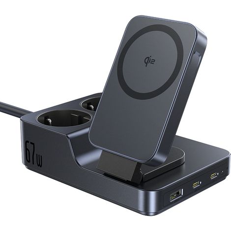 Stazione di ricarica wireless 6 in 1 con porte USB-A, USB-C e 2 prese CA, 67 W - Nera (1/5)