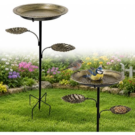 Bebedero para pájaros de metal independiente – Comedero y bebedero para pájaros de jardín 2 en 1 – Estilo vintage con estaca para el suelo – Decoración exterior para balcón, césped (1/5)