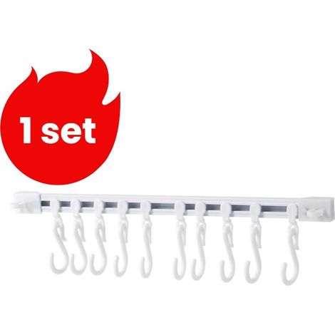 lot de 10 crochets coulissants sans perçage pour étagère coulissante derrière une porte de placard de cuisine. Fixation murale. Adhésifs sans traces. Blanc. (1/5)
