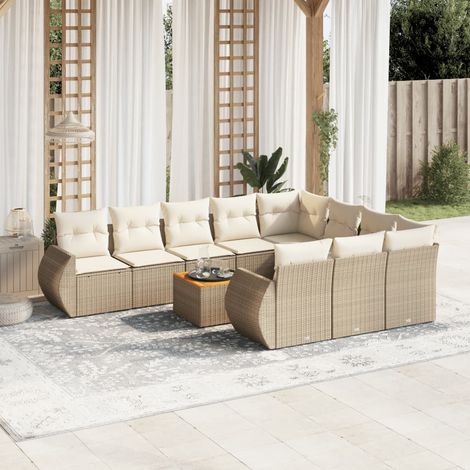 Ensemble Salon Jardin 11 Pièces Résine Tressée Beige avec Table Acacia et Coussins Gris Lavables (1/3)