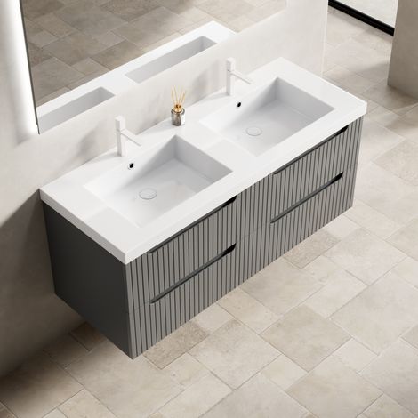 Mobile bagno sospeso 120 cm con doppio lavabo integrato in resina e 4 cassetti grigio scuro (1/5)
