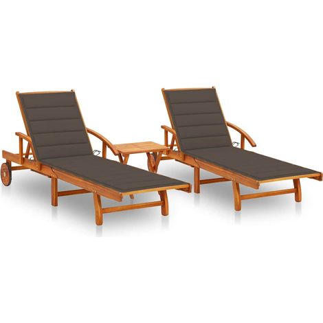 Lot de 2 Bains de soleil Chaises de jardin - Transat de jardin avec table et coussins Acacia solide BV335372 - BonneVie (1/5)