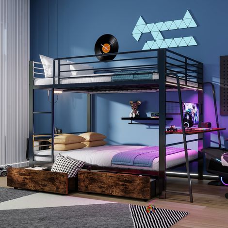 Lit superposé métallique 140x200 cm avec bureau, 2 tiroirs, bande‑LED musicale, prise, rambarde, échelle, charge 250 kg, noir (sans Matelas) (1/5)