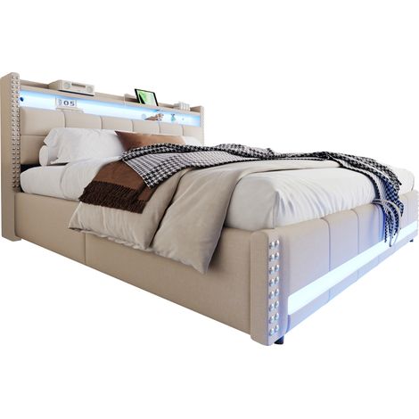 Lit double 180x200 avec LED RGB, USB, coffre hydraulique, tête de lit avec étagères et rangements, tissu lin beige, structure bois et métal - CHICFURN (1/5)