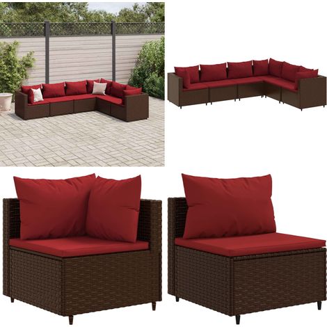 6-tlg. Garten-Lounge-Set mit Kissen Braun Poly Rattan - Gartenmöbel - Lounge Set - Outdoor Möbel - Rattan Gartenmöbel - Garten Lounge Set - Home & Living