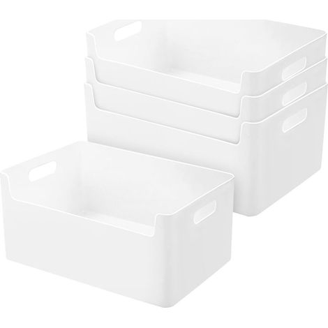 Lot de 4 boîtes de rangement en plastique pour cuisine et salle de bain 25 cm Panier de rangement à fond avant Boîtes de rangement blanches, étagères, armoires, boîtes de rangement (1/5)