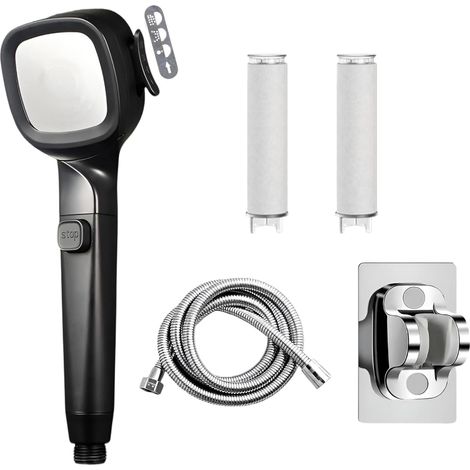 Ducha de cuatro chorros – Negra – Manguera de acero inoxidable de 1,50 metros – Tope de chorro integrado – Soporte galvanizado (1/5)