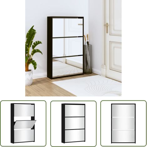 The Living Store Schuhschrank mit Spiegel 3 Fächer Schwarz 63x17x102,5 cm - Schuhschrank - Schrank - Garderobe - Regal - Aufbewahrung (1/5)
