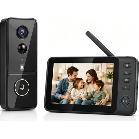 Sonnette sans Fil Exterieur Etanche avec Caméra, Sonnette sans Fil avec Camera et Moniteur 4,3", Visiophone sans Fil sans WiFi ni App, Interphone Video sans Fil 2.4GHz, PIR, Vision Nocturne, IP65 (1/5)