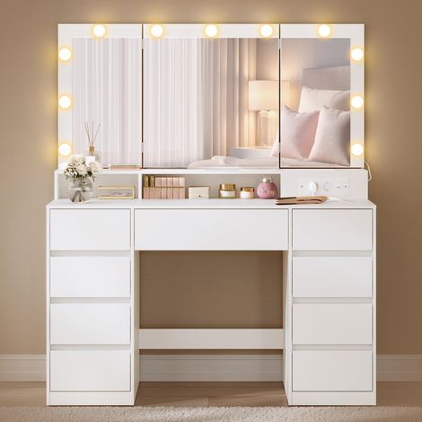Coiffeuse avec 3 Miroirs Pliables, 11 Ampoules, Multiprise, 9 Tiroirs, Éclairage 3 Couleurs, Table de Maquillage, Installation des Rails sans Outils, Blanc Nuage RDT146WB01 (1/5)