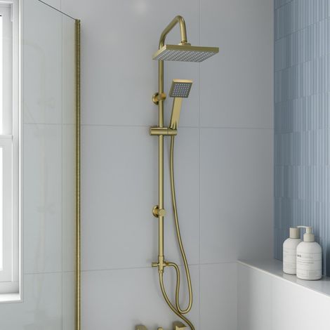 Aquari Square Shower Kit Single Spray Handset Riser Rail 1.5m Hose Brushed Brass (1/3)