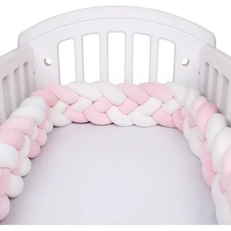 3M Baby Cot Bumper 4 Strand Snake Pillow Braided Cushion Velvet Baby Protection White + White + Pink + Pink