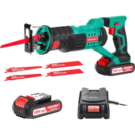 Sierra Sable Inalámbrica, Sierra de Sable HYCHIKA 18V, Sierra Alternativa de Batería, 2 Baterías 2.0Ah, Velocidad Variable de 0-2800 RPM, 4 Hojas de Sierra, Luz LED, Ideal para Cortar Madera y Metal (1/5)