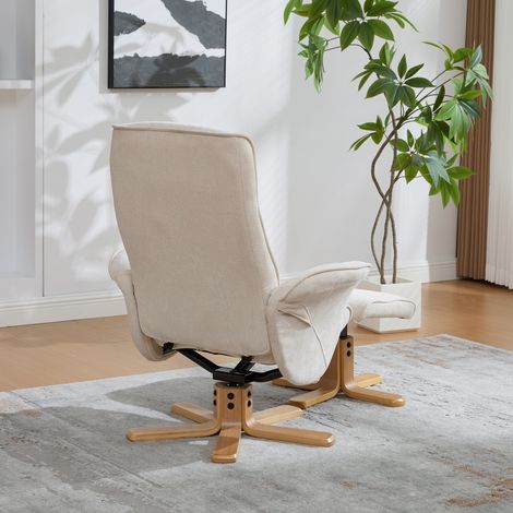Fauteuil pivotant nordique avec tabouret en chenille. Socle bois massif et support métallique,design stable et esthétique,couleur beige.