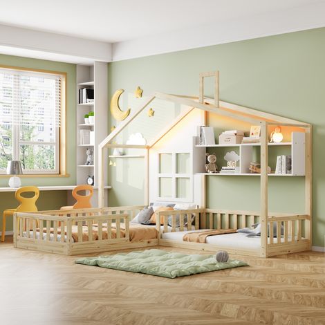 Cama infantil casa con LED y estantes natural HAVRYA (1/5)